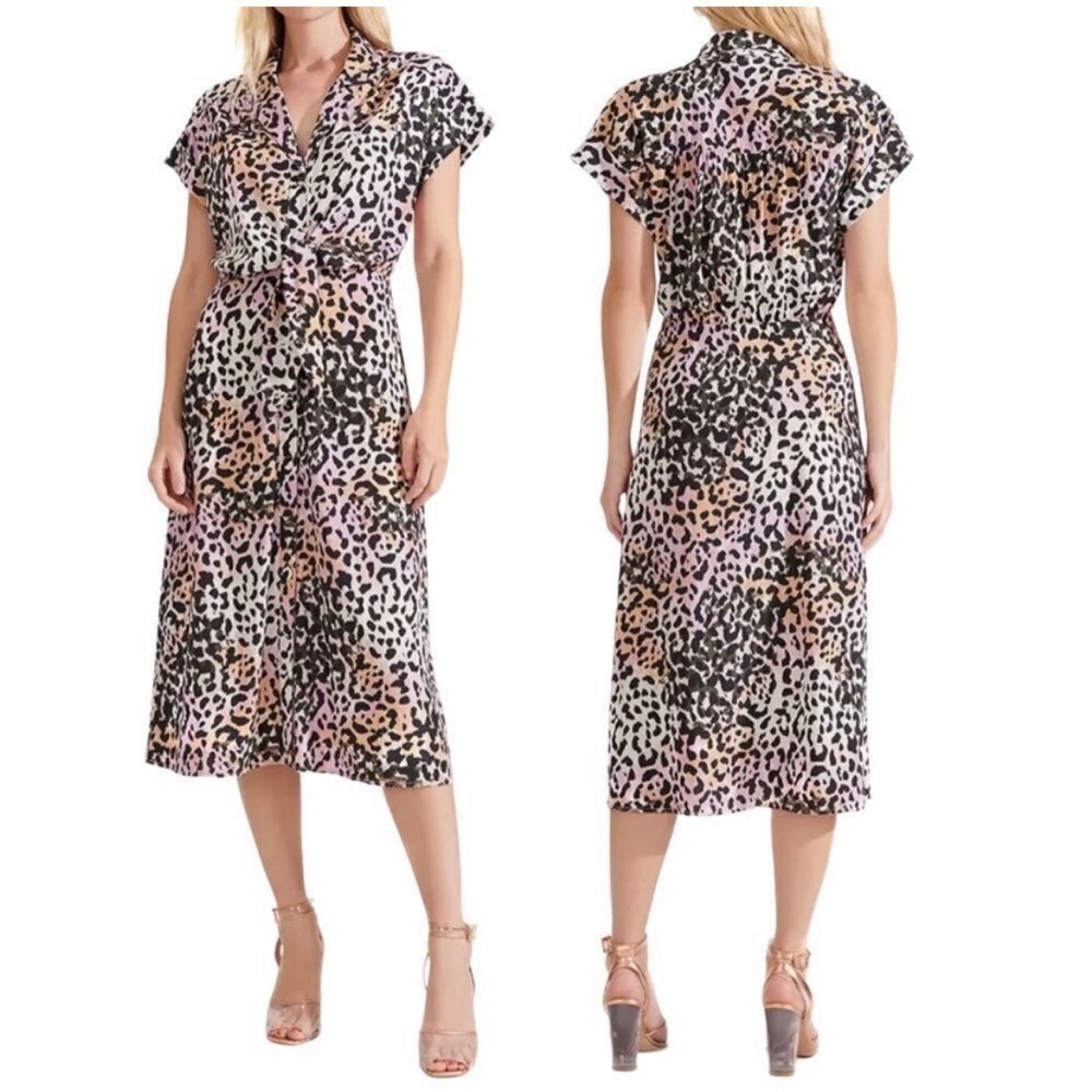 Veronica Beard Amani Watercolor Leopard short sleeve silk blend midi Dress XS/2
